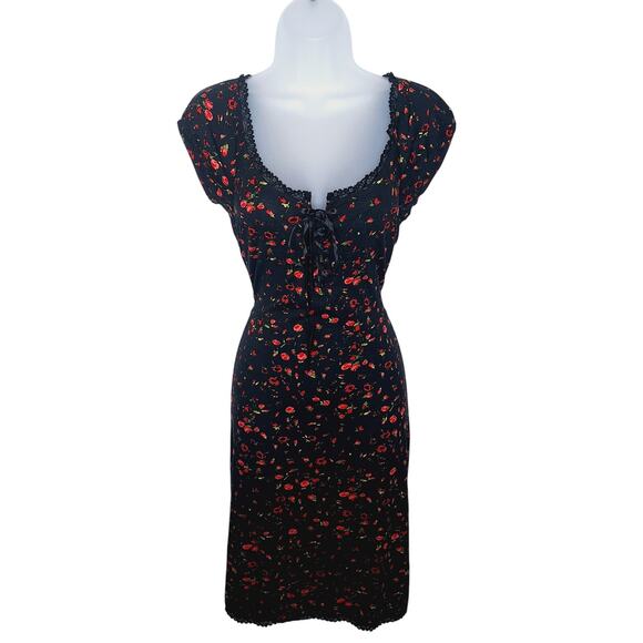 Vintage Y2K Moda Milkmaid Dress Medium Puff Sleeve Lace Up Corset Coquette Roses - Picture 1 of 15
